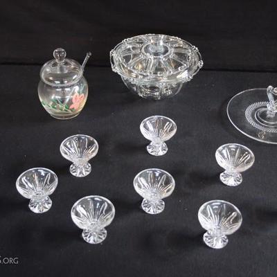 Vintage Clear Glass Lot: 5: hand painted jelly jar with lid and glass spoon;  8 pedestal salt cellars, 2.5" diameter, 2" tall;...