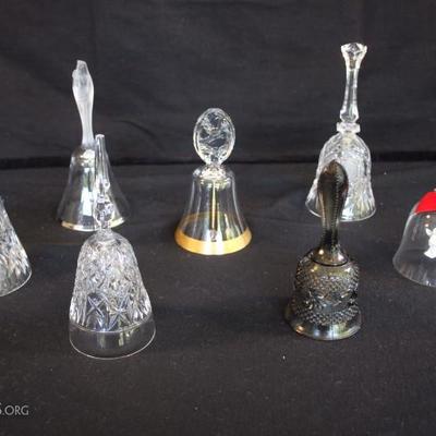 Collection of 7 Crystal & Glass Bells: Gold trimmed with 