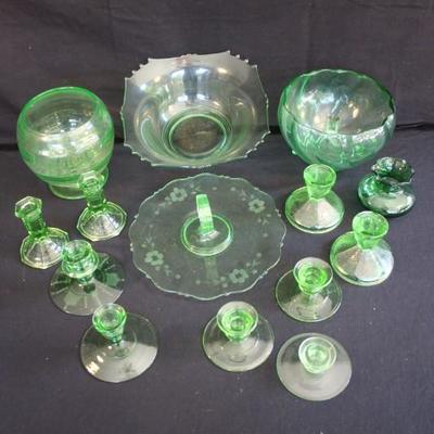 14 item Green Depression Glass Set: including three pairs of candlesticks 4-1/2