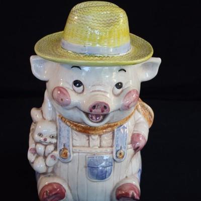Vintage Pig Cookie Jar:  Farmer pig with bunny and removable straw hat lid.  Stamped 
