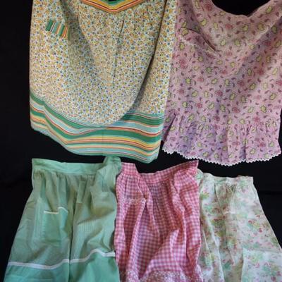 Assorted Vintage Handmade Aprons: Pink & White gingham with 1 pocket and hand-stitched border, Mint Green with 1 pocket and trimmed with...