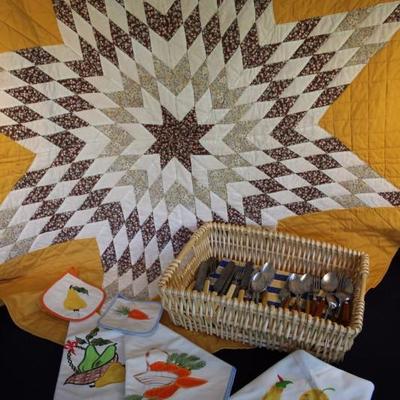 Miscellaneous Flatware & Linens:  1970';1 round gold & brown table cloth machine quited 55" diameter; 2 sets of machine...