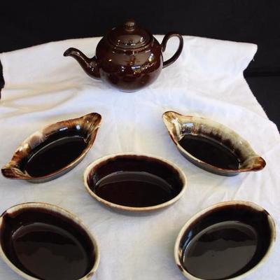 Brown Pottery Lot:  teapot marked Made in England; three 7.75" x 5.25" "Brown Drip" Cassoulets marked 21 York Gourmet...