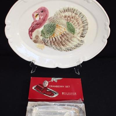 Vintage Turkey Platter & Cranberry Set: Platter is  embossed with hand painted turkey is marked 
