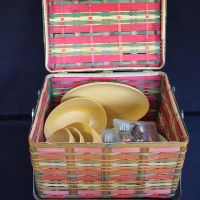 Vintage Picnic Basket: Red, tan and orange two handled basket with hinged lid, measures 15.5