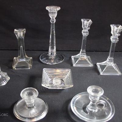 Very Old & Vintage Clear Candlesticks: 8" art deco pair with 3.5" base; very old (beginning to turn purple) 9.75"...