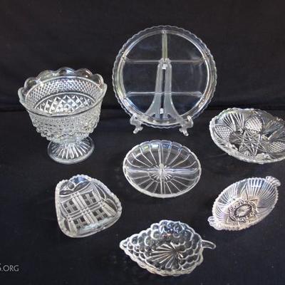 8-Piece Clear Glass Collection: pressed glass large pedestal bowl 7" high, 7" diameter; small oval serving dish with handles (1...