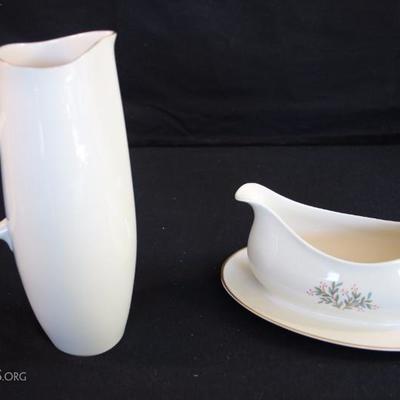 Franciscan China Made in California: 1 gravy boat in the Fremont pattern with gold trim gold trim on under plate, tall pitcher #85...
