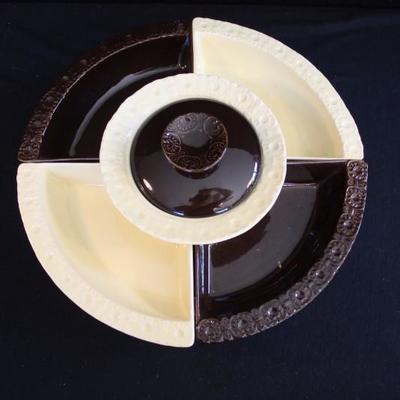 Vintage 50's - 60's Lazy Susan: Yellow and brown lazy susan consists of 7 pieces: 5 serving dishes are marked 