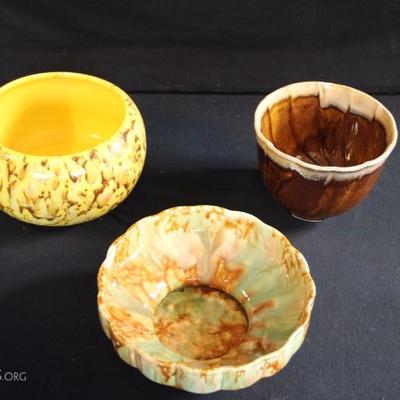 California Pottery Planters: 1950-60's - 8" round multi-drip bowl with pedestal 2.5" high; 6" brown drip planter,...