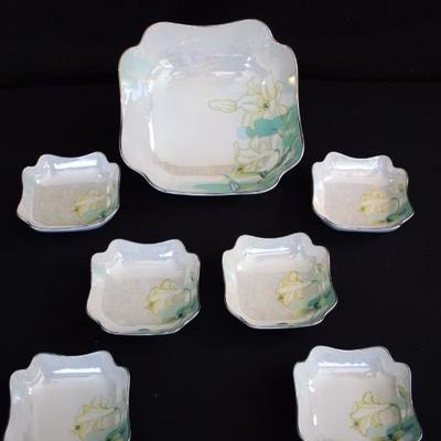 Art Nouveau Berry Set:  8.25" serving bowl with  six 4.5" individual bowls, hand painted with white yellow shaded lilies with...