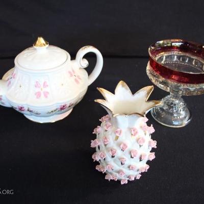 "In the Pink" Lot: Genuine Ironstone Ellgreave 1 quart teapot made in England, numbered 1069 and marked on the bottom with...