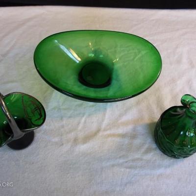 Deep Forest Green Lot: oval bowl or decorator piece, 10.5" x 7.75"; cruet with swirl design 5.25" tall x 3.5" wide;...