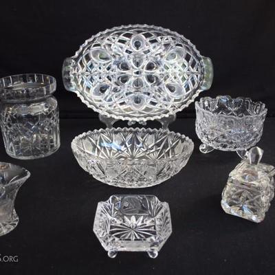 7 Heavy Cut Glass Lead Crystal Lot: 13.5" x  8.5" oval relish serving dish with handles and 5 sections with peacock feather...