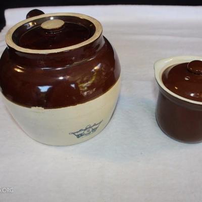 1940-1950's Bean Pot & Covered Sauce Dish: Oven-Proof Bean Pot with Crown hallmark with 2 7