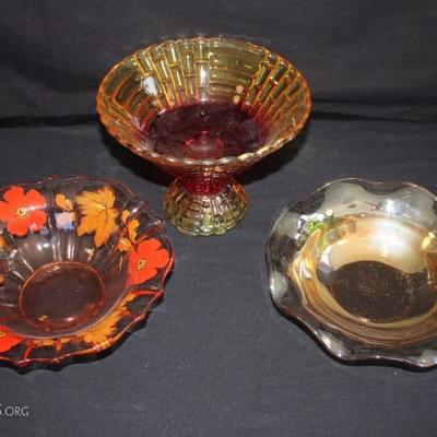 Various Amber Glass Bowls: one pedestal bowl 6-1/2