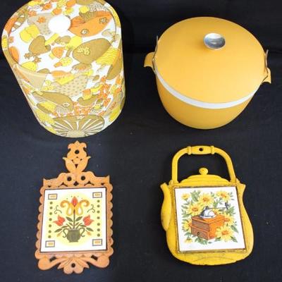 Vintage Hot & Cold Serving Set: mid-century mustard gold, orange & brown serving set with ice 8