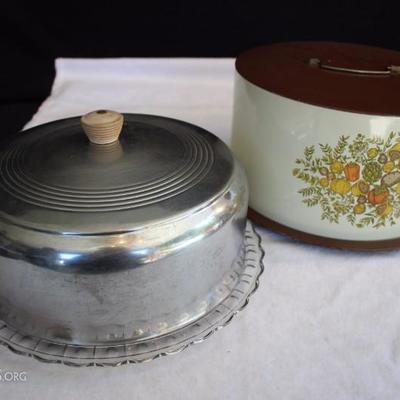 Two Vintage Cake Carriers:  One tin carrier for a 9.5" cake, 10.5" lid, 11.5 cake pan, stands 6" high, marked Balloneff...
