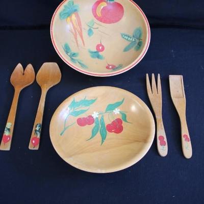 Hand Painted Woodware Salad Set: including two sets of salad servers (10