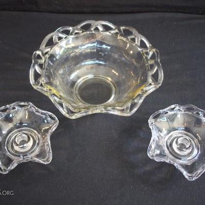 Depression Era Clear Serving Bowl with Candle Sticks: The ribbon pattern bowl is 4.5 high and 10