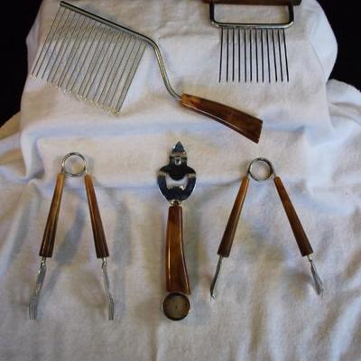 5-Piece Utensil Set with Tiger Brown Bakelite Handles: including 7-1/2" tongs and 6-1/2" tongs can opener with scoop and Angel...
