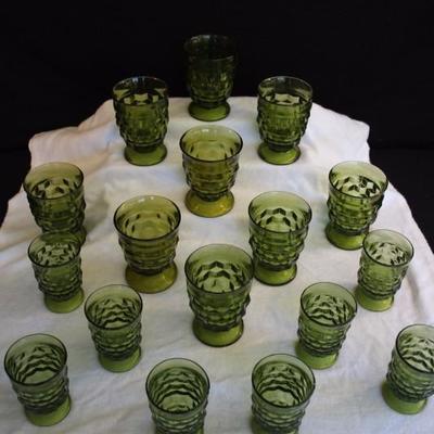 Green Block Optic Glasses:  retro green glasses 17 in the lot: eight 4 ounce juice glasses 4" tall; nine 8 ounce beverage glasses...