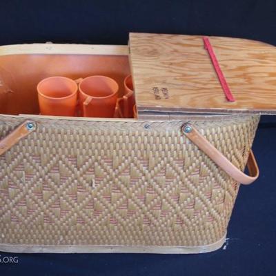Redmond Peru, Ind. Picnic Basket: with orange Colonial Plastics Mfg. Co. Cleveland Ohio and portable mini picnic table.  Orange...