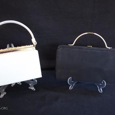 Two 1940-60's Evening Bags: After Five Made in USA cream evening purse with gold clasp and attached coin purse inside measures 8