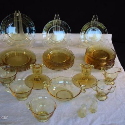 Yellow Depression Glass: Early 1930's 34-piece Madrid entertaining set including  a pair of Corinthian candlesticks (4")  candy...