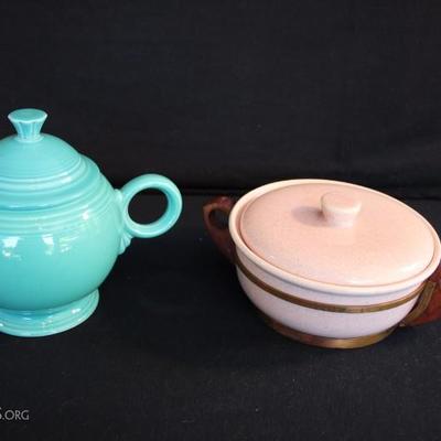 California Pottery: pink speckled 2 quart covered casserole dish (7.5") with copper and wood serving stand; aqua 1.5 quart teapot...