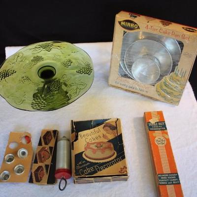 Party Cake Lot:  1970's avocado glass pedestal cake plate decorated with grapes and leaves, 11.5" diameter, 5.5" high;...