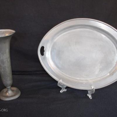 Two-Piece Pewter Lot:  Oval pewter platter with handles  measures 16