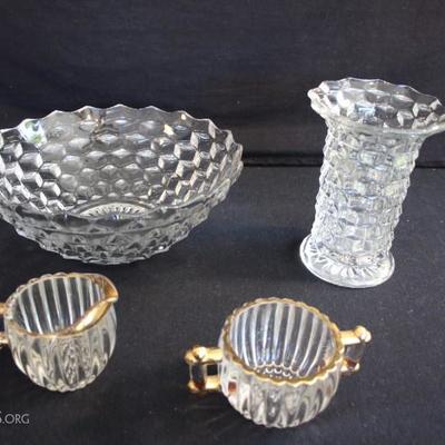 Early 1900's Clear Glass Lot:  Fostoria American clear round flared 10.5" bowl 4: high and tall vase with flared lip 7.25"...