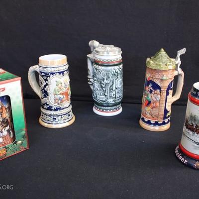 Lot of Five Beer Steins: 9" tall stein with lid with original insert marked with logo W. Germany Original Gerzit Gerz 820-7081...