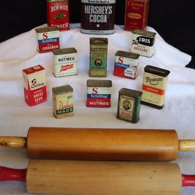 Vintage Spice Tins and Rolling Pins: 11 Metal Spice Tins and 2 Cardboard Spice Boxes all with spices by Schilling, French's, Roosevelt...