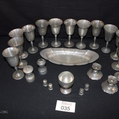 23 Piece Genuine Pewter Set:  4 Genuine Pewter wine glasses with knobbed stems (7