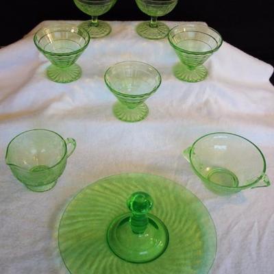 8-Piece Green Depression Glass: 9" Spiral Green round platter w/ handle for cookie/appetizer cookie/appetizers; cream & sugar...