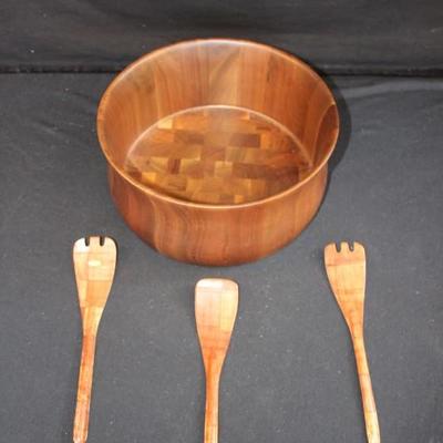 Solid Walnut Salad Bowl with Tongs: 1972 vintage solid American walnut salad bowl which had been treated for durability; it is 11