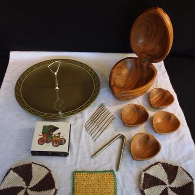 TV Watching Snack Lot: 1970's 12.5" pottery hors d oeuvres platter, with handle 5" tall; solid wooden nut set with covered...