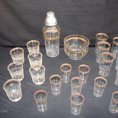 22 Piece Bar Set, Clear with Gold Trim: 6 high ball, 8 juice glasses 6 water goblets, small ice bucket (6