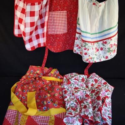 Handmade Vintage Apron Lot of 5: red & pink flowers with green leaves on white background cobblers apron with 2 pockets, buttons at...