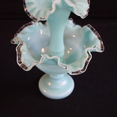 Light Aqua Fenton Epergne: This 2-piece vase was produced in the 1920â€™s and 1930â€™s. It is a great example of an elegant, yet...