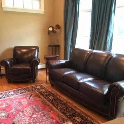 Leather Sofa with Matching Armchair with Nail Head Detail