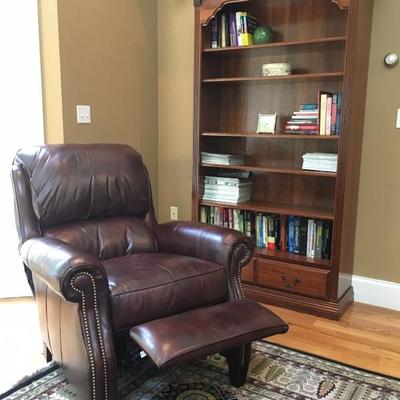 Leather Recliner, Bookcase 