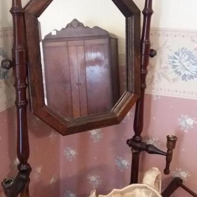 Antique walnut washstand with Barley twist legs with two (2) candleholders at mirror attached; inclu