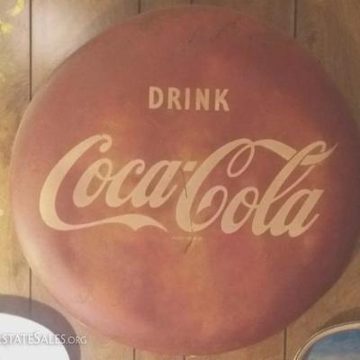 Drink Coca-Cola Button sign, original paint on sign, 24.5 inches.