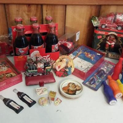 Mixed Lot of Coca Cola Items - Coca Cola crayons, Santa tin, three (3) ornments, stocking hanger, Ch