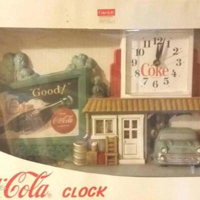 Vintage Coke Clock (New in Box) Filling Station with Billboard and 56 Chevrolet.