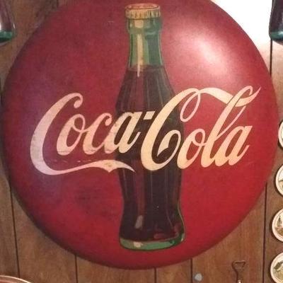 Vintage Coca-Cola Button sign (which includes the Coke bottle), original paint on sign, 24.5 inches.