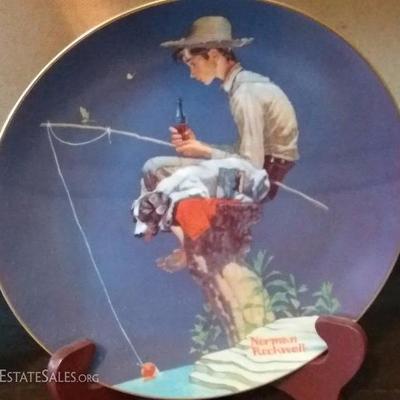Three (3) Norman Rockwell plates, Old Oaken Bucket, Boy Fishing, Barefoot Boy (all with stands).